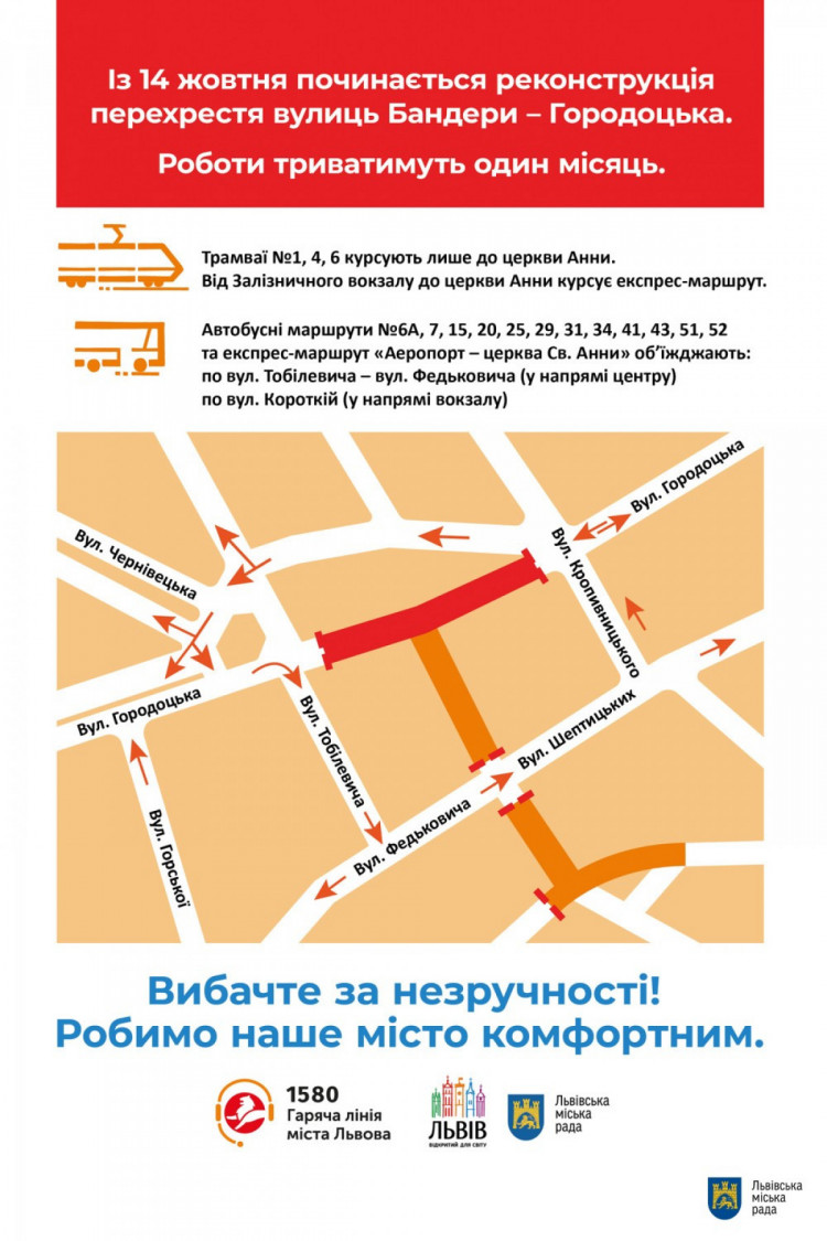 Для транспорту перекриють перехрестя вулиць С. Бандери-Городоцької